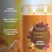 Large pumpkin-scented candle with autumn design, long-lasting fragrance, and quality burn, text highlights key features
